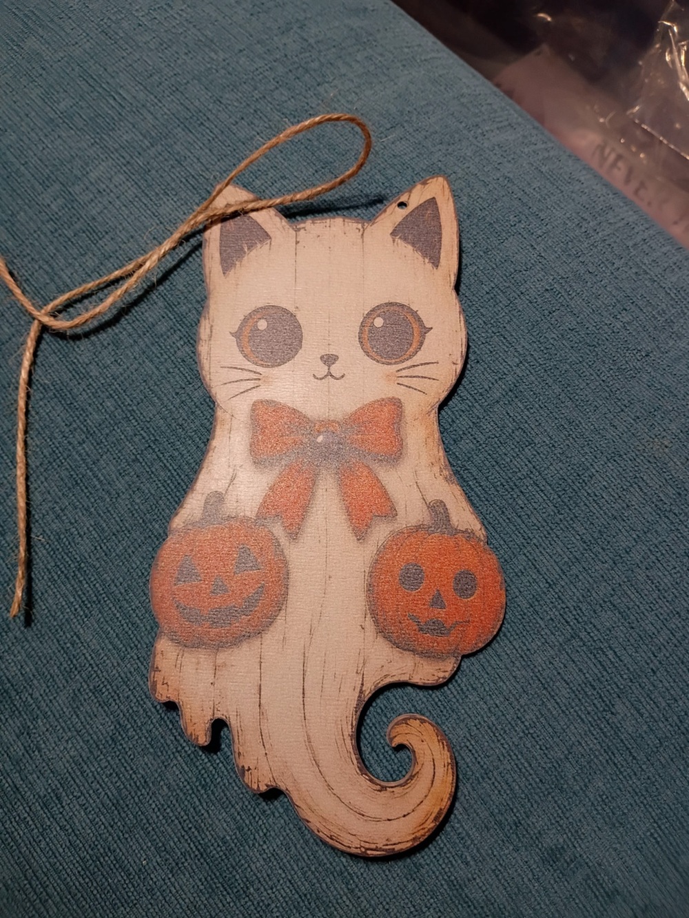 Wooden Halloween Cat Ornament in Orange and Brown